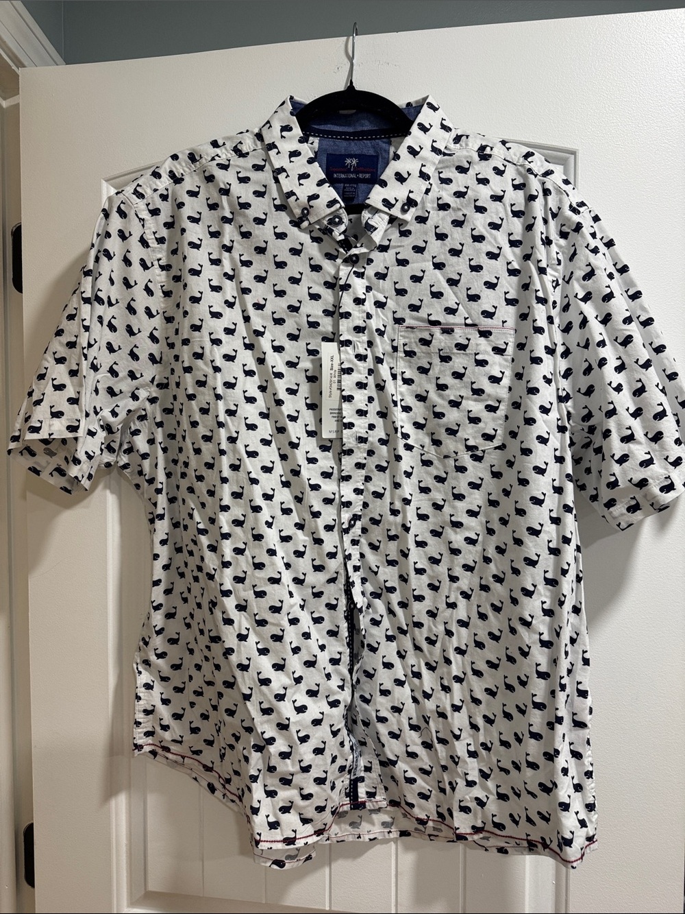 Nautica White Short-Sleeve Button-Down with Navy Whale Pattern